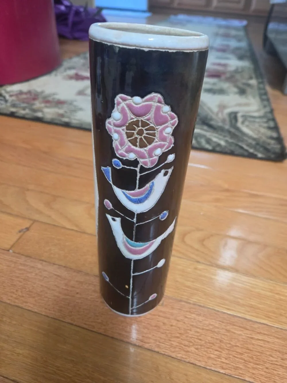 vintage cylander vase with two sides one stylized birds and lady figure on other